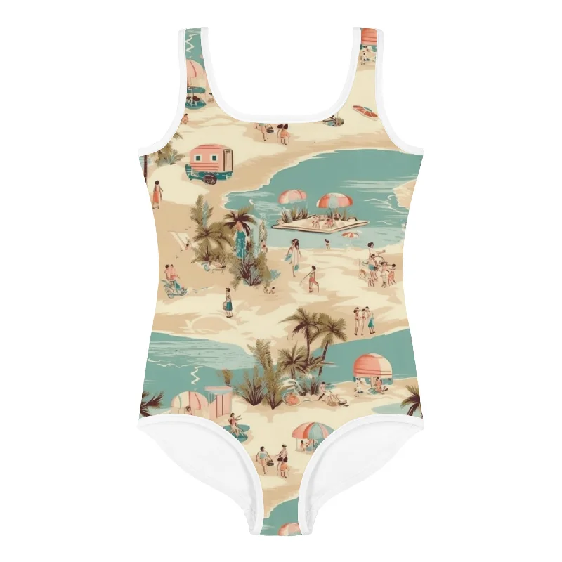 Girls 50s Style Retro Beach One Piece Swimsuit Flirty Ruffle Swimsuit