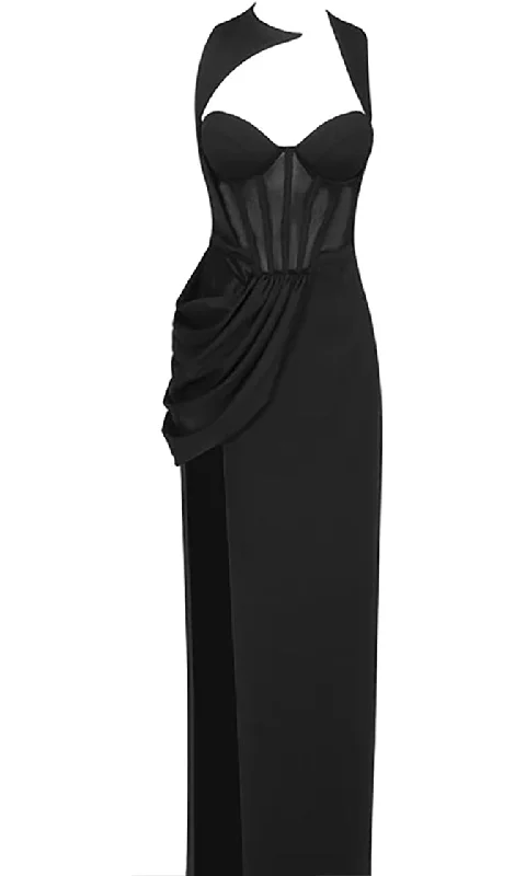 Give Me More <br><span>Black Sleeveless Sheer Mesh Bustier Sweetheart Neck Draped Hip Side Slit Maxi Dress</span> Cozy Maxi Dress with Slit Give Me More <br><span>Black Sleeveless Sheer Mesh Bustier Sweetheart Neck Draped Hip Side Slit Maxi Dress</span> Cozy Maxi Dress with Slit