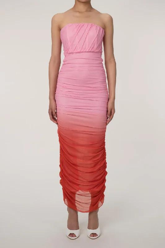 Gradient Strapless Mesh Ruched Bodycon Corset Evening Maxi Dress - Pink Comfortable Pleated Maxi Dress Gradient Strapless Mesh Ruched Bodycon Corset Evening Maxi Dress - Pink Comfortable Pleated Maxi Dress