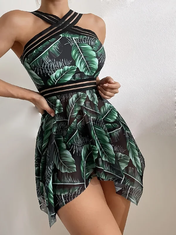 Leaf Print Contrast Mesh 2 Pieces Swimsuit Criss Cross Neck High Cut Casual Beachwear Bathing Suit Sexy Monokini Swimsuit Leaf Print Contrast Mesh 2 Pieces Swimsuit Criss Cross Neck High Cut Casual Beachwear Bathing Suit Sexy Monokini Swimsuit