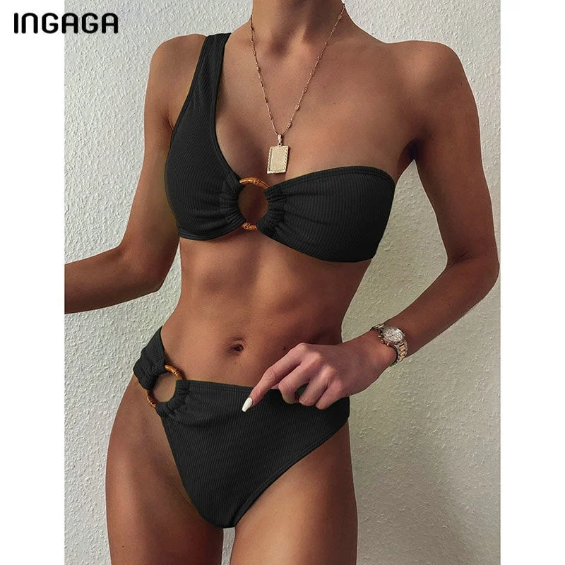 One Shoulder Bikinis Swimsuits High Waist Swimwear Women 2020 Black Bathing Suits Ring Beachwear Halter Top Bikini One Shoulder Bikinis Swimsuits High Waist Swimwear Women 2020 Black Bathing Suits Ring Beachwear Halter Top Bikini