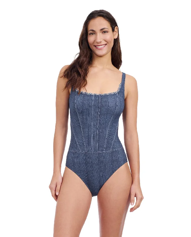 Profile By Gottex Isabelle Embroidered Square Neck One Piece Swimsuit High-Waisted Swimwear Profile By Gottex Isabelle Embroidered Square Neck One Piece Swimsuit High-Waisted Swimwear