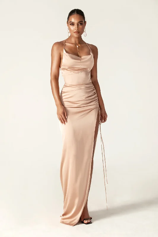 Reva Cowl Neckline Sheath Backless Maxi Dress (Coral) Elegant Pleated Maxi Dress