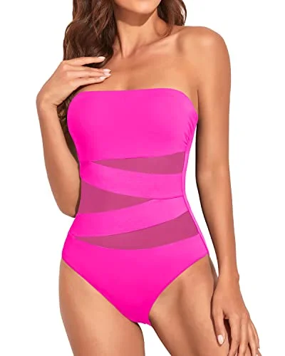 Ruched Tummy Control One Piece Swimsuits Strapless Bandeau Bathing Suits-Neon Pink Floral Bikini Top Ruched Tummy Control One Piece Swimsuits Strapless Bandeau Bathing Suits-Neon Pink Floral Bikini Top
