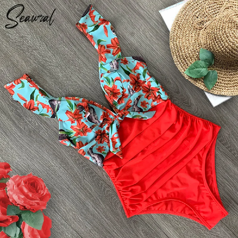 Sexy New Ruffle One Piece Swimsuit Off The Shoulder Bold High-Cut Bikini