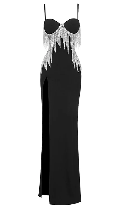 Shining Spotlight <br><span>Black Sleeveless Spaghetti Strap Bustier Cut Out Sides Open Back Rhinestone Fringe Bodycon Bandage High Slit Maxi Dress</span> Trendy A-Line Maxi Dress Shining Spotlight <br><span>Black Sleeveless Spaghetti Strap Bustier Cut Out Sides Open Back Rhinestone Fringe Bodycon Bandage High Slit Maxi Dress</span> Trendy A-Line Maxi Dress