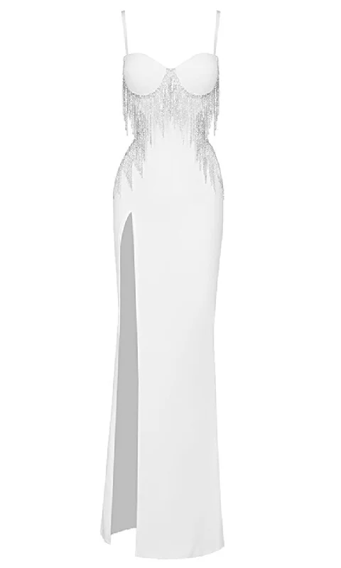 Shining Spotlight <br><span>White Sleeveless Spaghetti Strap Bustier Cut Out Sides Open Back Rhinestone Fringe Bodycon Bandage High Slit Maxi Dress</span> Comfortable Fitted Maxi Dress Shining Spotlight <br><span>White Sleeveless Spaghetti Strap Bustier Cut Out Sides Open Back Rhinestone Fringe Bodycon Bandage High Slit Maxi Dress</span> Comfortable Fitted Maxi Dress