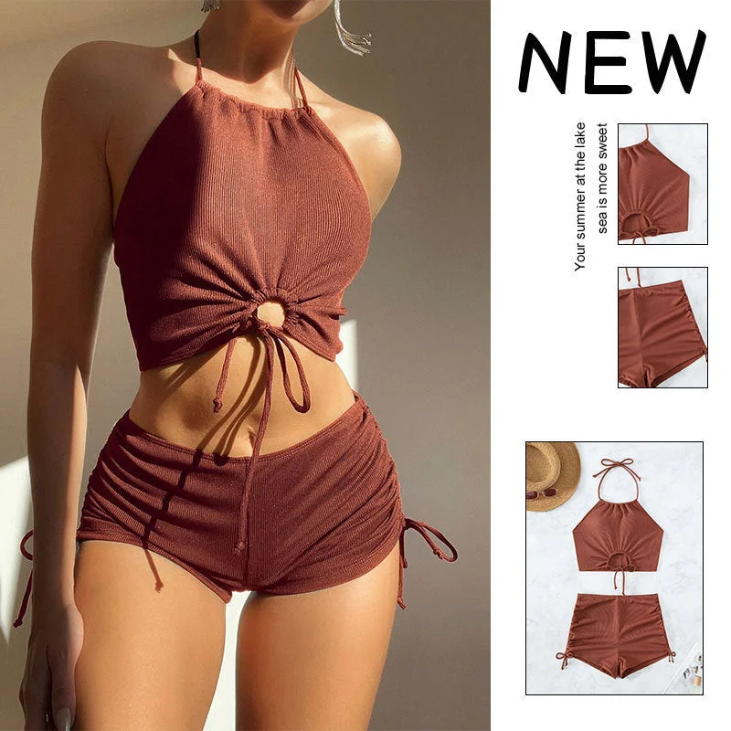 Summer Halter Neck Bikini Suit Fashion Drawstring Design Ins Style Swimsuit For Womens Clothing Cross-Back Bikini Summer Halter Neck Bikini Suit Fashion Drawstring Design Ins Style Swimsuit For Womens Clothing Cross-Back Bikini