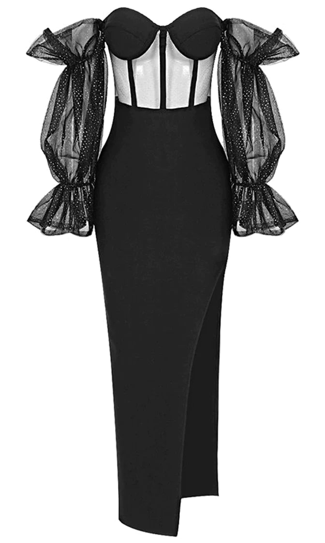 Touch Of Fantasy <br><span>Black Sheer Mesh Bandage Long Puff Sleeve Off The Shoulder Bustier Cut Out Side Slit Bodycon Maxi Dress</span> Fashionable Sheer Maxi Dress Touch Of Fantasy <br><span>Black Sheer Mesh Bandage Long Puff Sleeve Off The Shoulder Bustier Cut Out Side Slit Bodycon Maxi Dress</span> Fashionable Sheer Maxi Dress