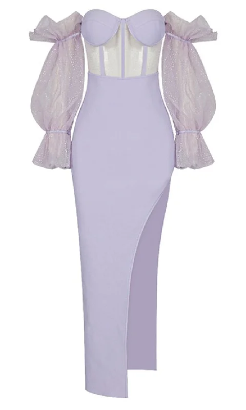 Touch Of Fantasy <br><span>Lavender Sheer Mesh Bandage Long Puff Sleeve Off The Shoulder Bustier Cut Out Side Slit Bodycon Maxi Dress</span> Comfortable Maxi Dress with Slits Touch Of Fantasy <br><span>Lavender Sheer Mesh Bandage Long Puff Sleeve Off The Shoulder Bustier Cut Out Side Slit Bodycon Maxi Dress</span> Comfortable Maxi Dress with Slits