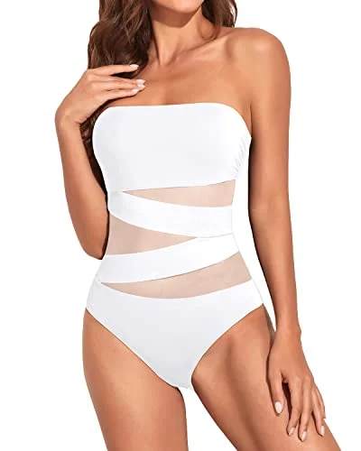Ruched Women One Piece Bathing Suits Strapless Bandeau Swimwear-White High-Waist Bikini Set Ruched Women One Piece Bathing Suits Strapless Bandeau Swimwear-White High-Waist Bikini Set