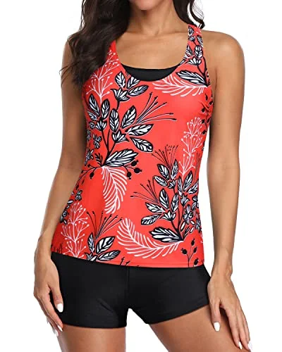 High Waisted Athletic Sports Bra Tankini Swimsuits For Women-Red Floral Deep-V Swimsuit Design High Waisted Athletic Sports Bra Tankini Swimsuits For Women-Red Floral Deep-V Swimsuit Design