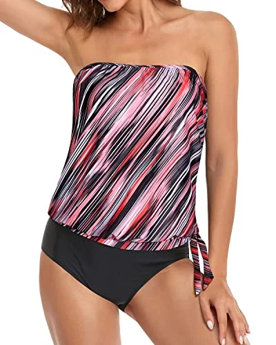 Tummy Control Bandeau Tankini Bathing Suits For Women-Pink Stripe Plunge Neckline Swimsuit Tummy Control Bandeau Tankini Bathing Suits For Women-Pink Stripe Plunge Neckline Swimsuit