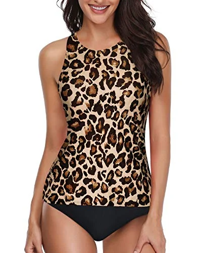 High Neck Tankini Bathing Suits For Women With Shorts-Black And Leopard Sexy Swimwear Set High Neck Tankini Bathing Suits For Women With Shorts-Black And Leopard Sexy Swimwear Set