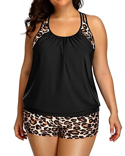 Plus Size Tankini Swimsuit For Women Two Piece Tummy Control Bathing Suit-Black Leopard Beach Ready Swimsuit Plus Size Tankini Swimsuit For Women Two Piece Tummy Control Bathing Suit-Black Leopard Beach Ready Swimsuit