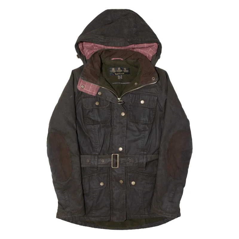 BARBOUR Belted Equine Fleece Lined Womens Wax Jacket Green Hooded UK 10 Welt Pockets Slit Pockets Flap Pockets BARBOUR Belted Equine Fleece Lined Womens Wax Jacket Green Hooded UK 10 Welt Pockets Slit Pockets Flap Pockets