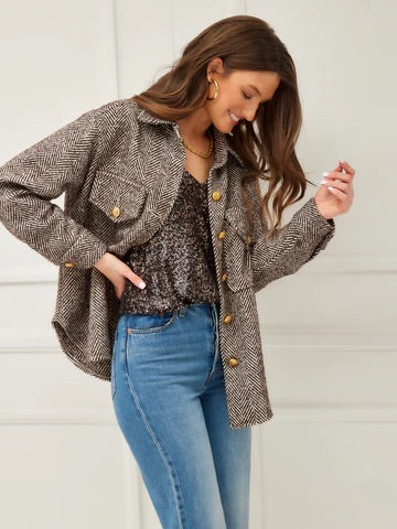 Fifteen Twenty Herringbone Shirt Jacket - BROWN Print Jacket Jacquard Jacket Embroidered Jacket Fifteen Twenty Herringbone Shirt Jacket - BROWN Print Jacket Jacquard Jacket Embroidered Jacket