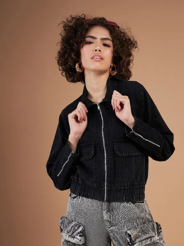 Lyush Women Black Denim Front Zipper Jacket Tailored Jacket Straight Jacket A-Line Jacket Lyush Women Black Denim Front Zipper Jacket Tailored Jacket Straight Jacket A-Line Jacket