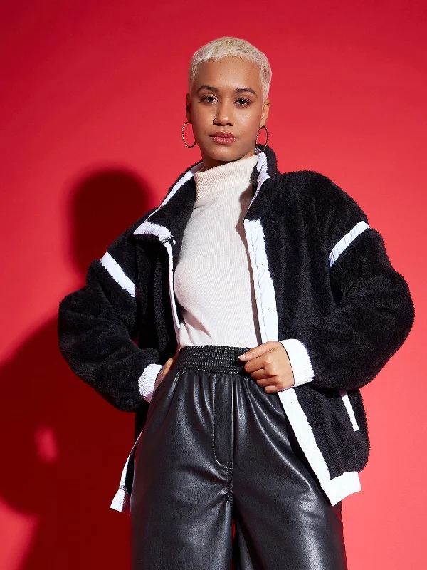 Lyush Women Black Fur Contrast Tape Jacket Tailored Jacket Straight Jacket A-Line Jacket Lyush Women Black Fur Contrast Tape Jacket Tailored Jacket Straight Jacket A-Line Jacket