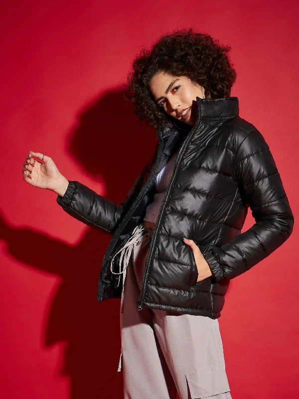 Lyush Women Black High Neck Horizontal Quilt Puffer Jacket Striped Jacket Polka Dot Jacket Floral Jacket Lyush Women Black High Neck Horizontal Quilt Puffer Jacket Striped Jacket Polka Dot Jacket Floral Jacket