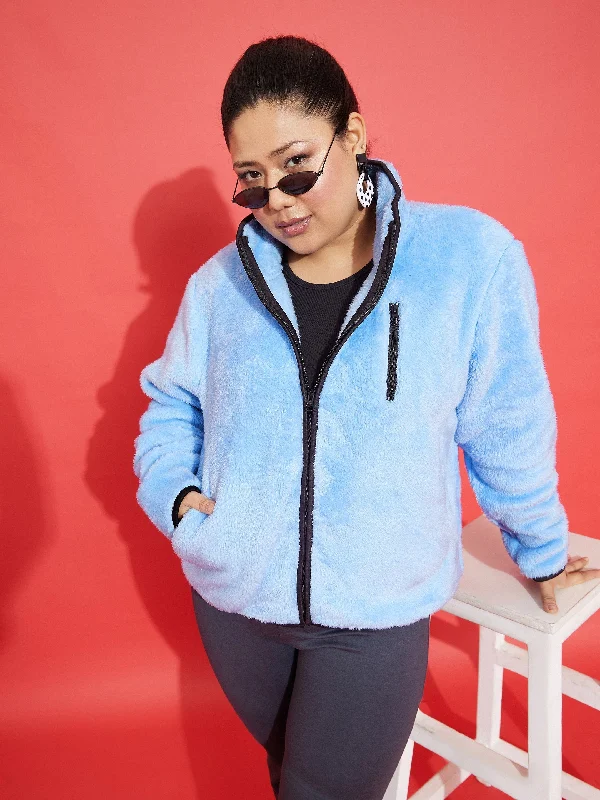 Lyush Women Blue Fur Contrast Piping Zipper Jacket Insulated Jacket Fitted Jacket Loose Jacket Lyush Women Blue Fur Contrast Piping Zipper Jacket Insulated Jacket Fitted Jacket Loose Jacket