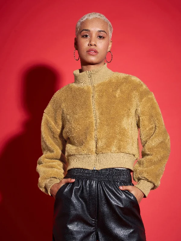 Lyush Women Brown Fur High Neck Crop Bomber Jacket Denim Jacket Leather Jacket Suede Jacket Lyush Women Brown Fur High Neck Crop Bomber Jacket Denim Jacket Leather Jacket Suede Jacket