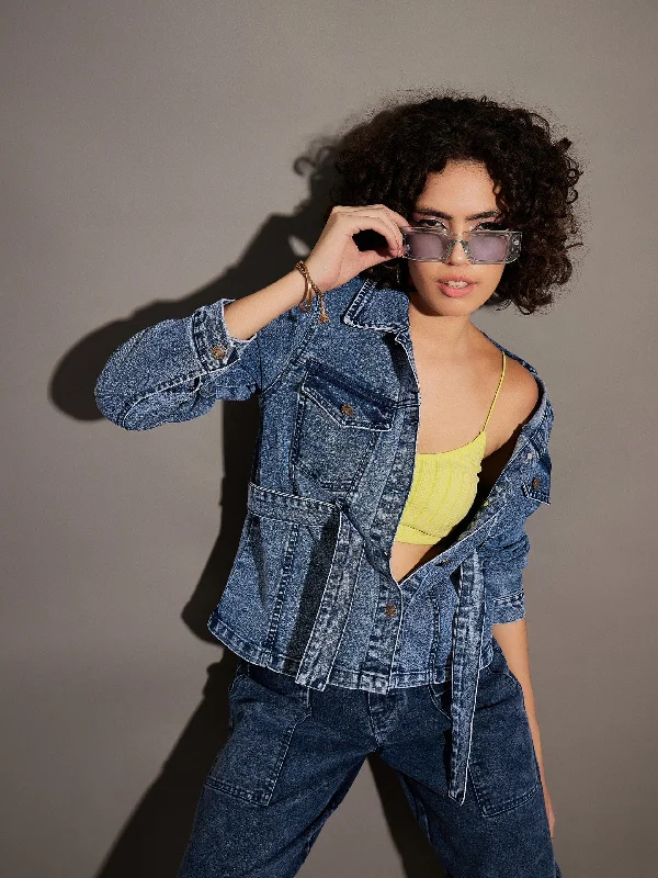 Lyush Women Classic Blue Denim Belted Jacket Knit Jacket Woven Jacket Fleece Jacket Lyush Women Classic Blue Denim Belted Jacket Knit Jacket Woven Jacket Fleece Jacket