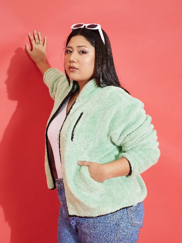 Lyush Women Green Fur Contrast Piping Zipper Jacket Appliqued Jacket Beaded Jacket Sequined Jacket Lyush Women Green Fur Contrast Piping Zipper Jacket Appliqued Jacket Beaded Jacket Sequined Jacket