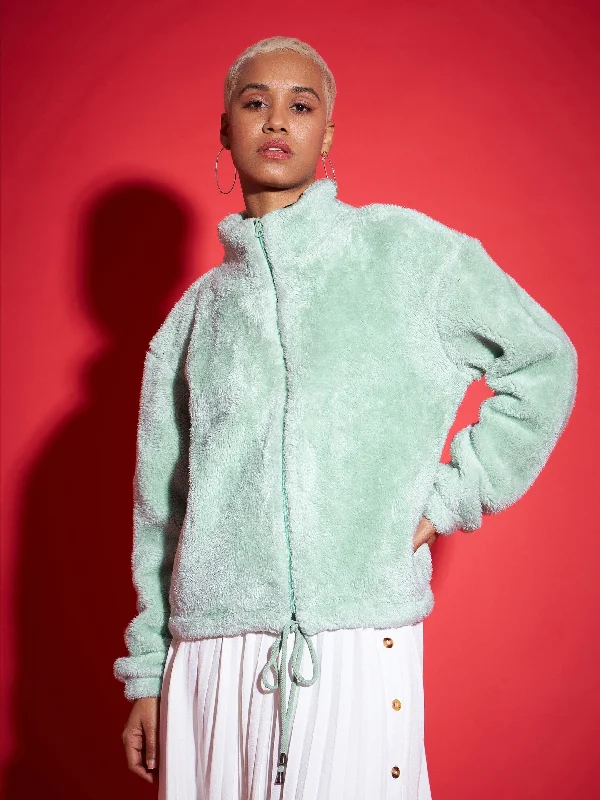 Lyush Women Green Fur Drawstring Jacket Faux Fur Fabric Real Fur Fabric Shearling Fabric Lyush Women Green Fur Drawstring Jacket Faux Fur Fabric Real Fur Fabric Shearling Fabric