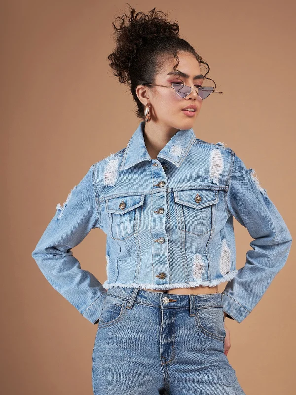 Lyush Women Ice Blue Distressed Denim Crop Jacket Bomber Jacket Anorak Windbreaker