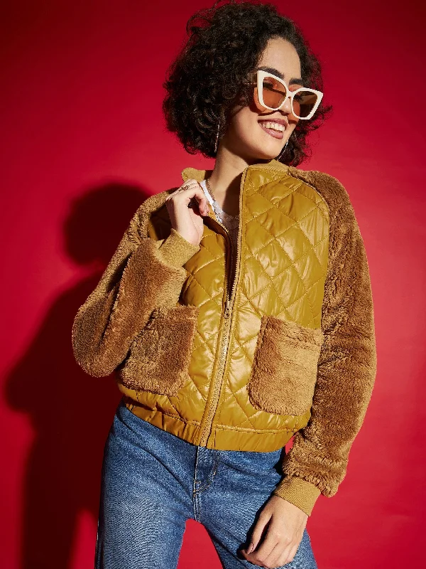 Lyush Women Mustard Faux Fur Detail Bomber Jacket Ribbed Jacket Pleated Jacket Ruffled Jacket Lyush Women Mustard Faux Fur Detail Bomber Jacket Ribbed Jacket Pleated Jacket Ruffled Jacket