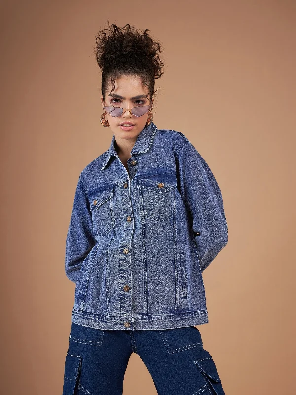 Lyush Women Navy Washed Denim Oversized Jacket Stand-Up Collar Roll-Neck Collar Turtle Neck Lyush Women Navy Washed Denim Oversized Jacket Stand-Up Collar Roll-Neck Collar Turtle Neck