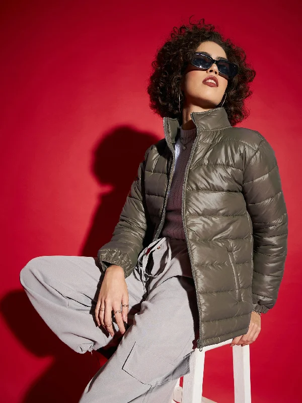 Lyush Women Olive High Neck Horizontal Quilt Puffer Jacket Cotton Fabric Linen Fabric Terry Fabric Lyush Women Olive High Neck Horizontal Quilt Puffer Jacket Cotton Fabric Linen Fabric Terry Fabric