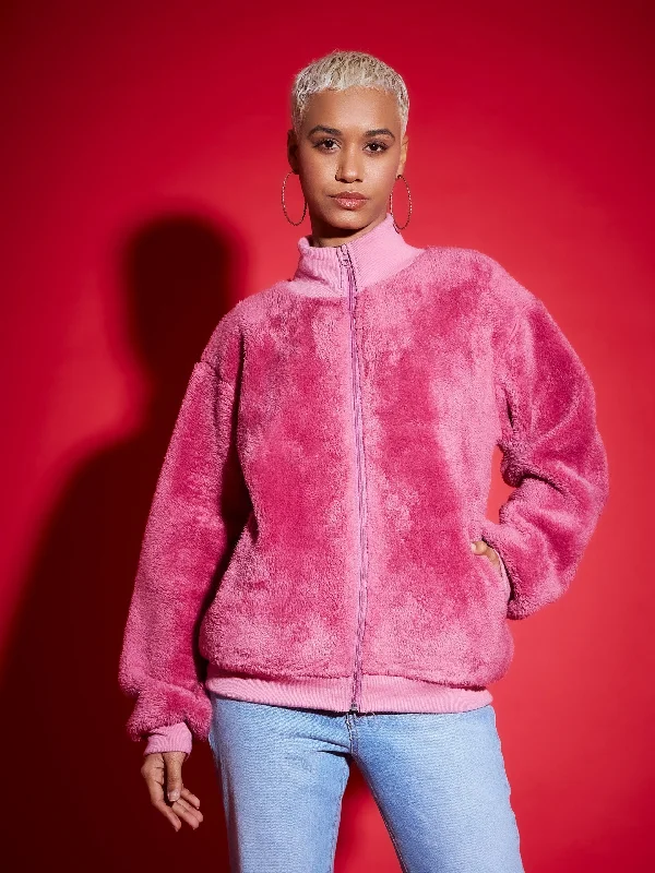 Lyush Women Pink Fur Front Zipper High Neck Jacket Fleece Fabric Down Fabric Feather Fabric Lyush Women Pink Fur Front Zipper High Neck Jacket Fleece Fabric Down Fabric Feather Fabric