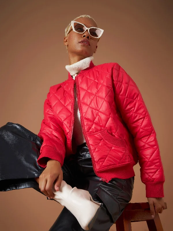 Lyush Women Red Diamond Quilted Bomber Jacket Fleece Jacket Down Jacket Feather Jacket Lyush Women Red Diamond Quilted Bomber Jacket Fleece Jacket Down Jacket Feather Jacket
