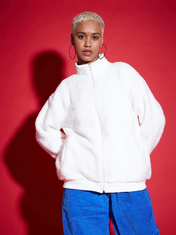 Lyush Women White Fur Front Zipper High Neck Jacket Front Pockets Side Pockets Patch Pockets Lyush Women White Fur Front Zipper High Neck Jacket Front Pockets Side Pockets Patch Pockets