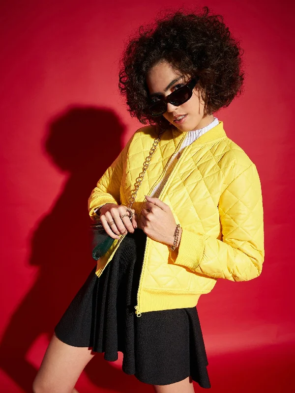 Lyush Women Yellow Diamond Quilted Bomber Jacket Wool Jacket Cashmere Jacket Tweed Jacket Lyush Women Yellow Diamond Quilted Bomber Jacket Wool Jacket Cashmere Jacket Tweed Jacket