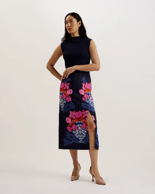Valais Knitted Bodice Woven Skirt Dk-Blue silk skirt sleek