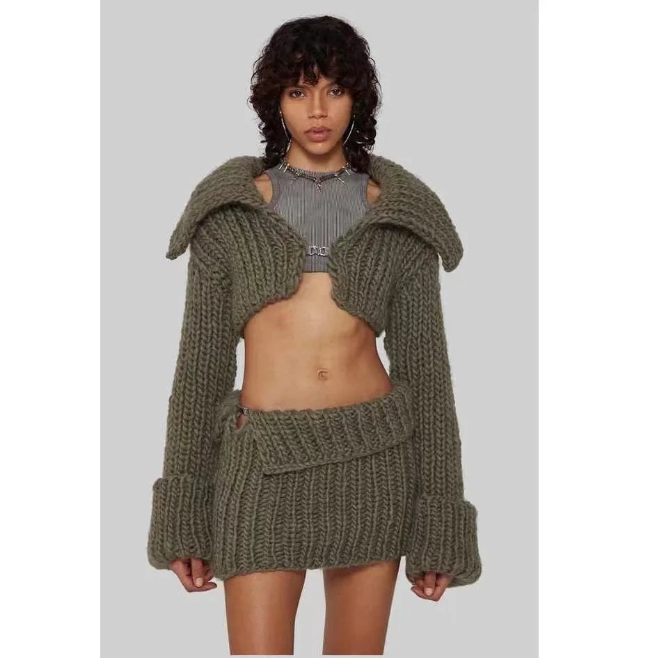 Winter Womens Sweater Suits Sets suit short-style knitted cardigan sweater skirt skirt suit zip skirt side Winter Womens Sweater Suits Sets suit short-style knitted cardigan sweater skirt skirt suit zip skirt side